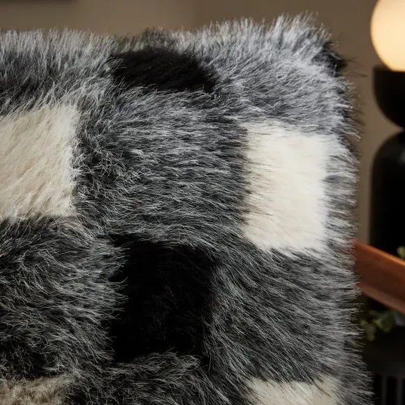 Square Cushion with Removable Cover - Check, Fur