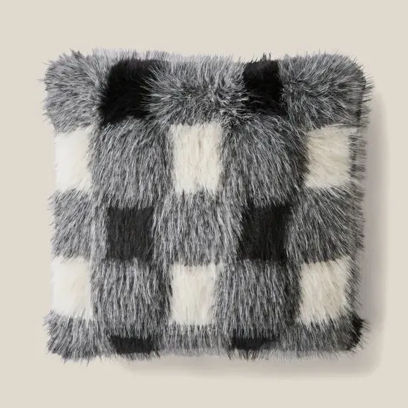 Square Cushion with Removable Cover - Check, Fur