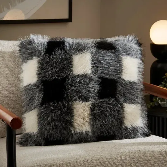 Square Cushion with Removable Cover - Check, Fur image