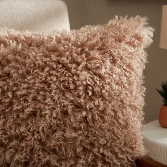 Square Cushion with Removable Cover - Fawn, Faux Fur
