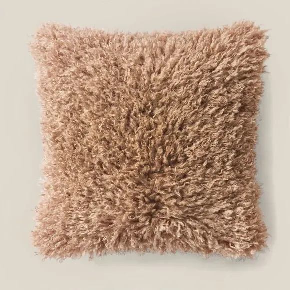 Square Cushion with Removable Cover - Fawn, Faux Fur