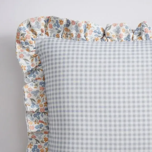Square Cushion with Ruffle Edge - Blue, Cotton