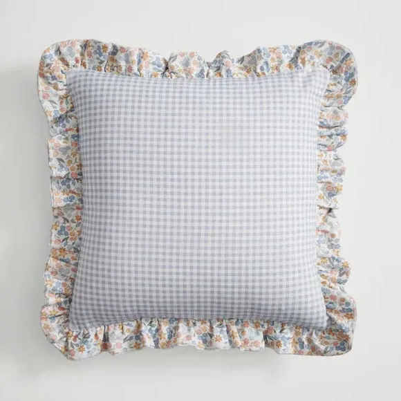 Square Cushion with Ruffle Edge - Blue, Cotton