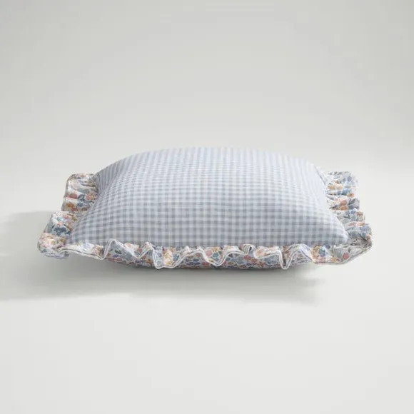 Square Cushion with Ruffle Edge - Blue, Cotton