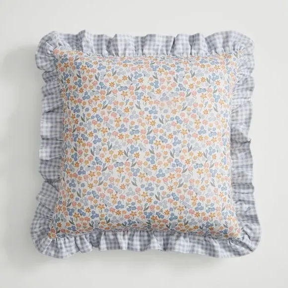 Square Cushion with Ruffle Edge - Blue, Cotton