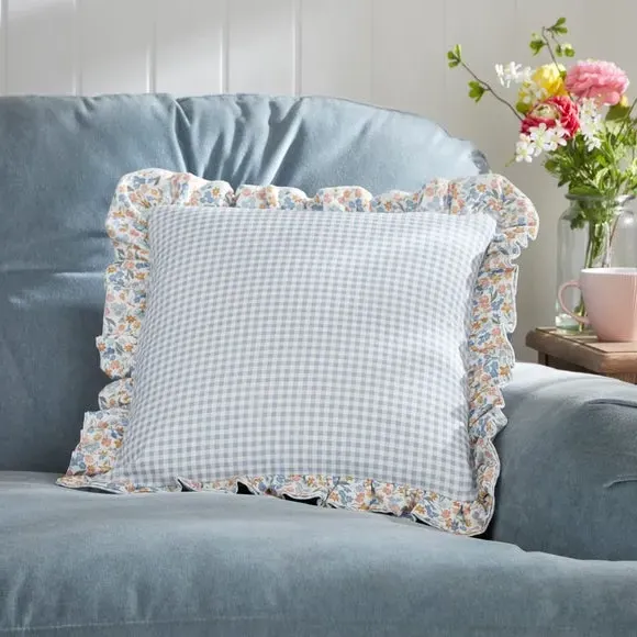 Square Cushion with Ruffle Edge - Blue, Cotton image
