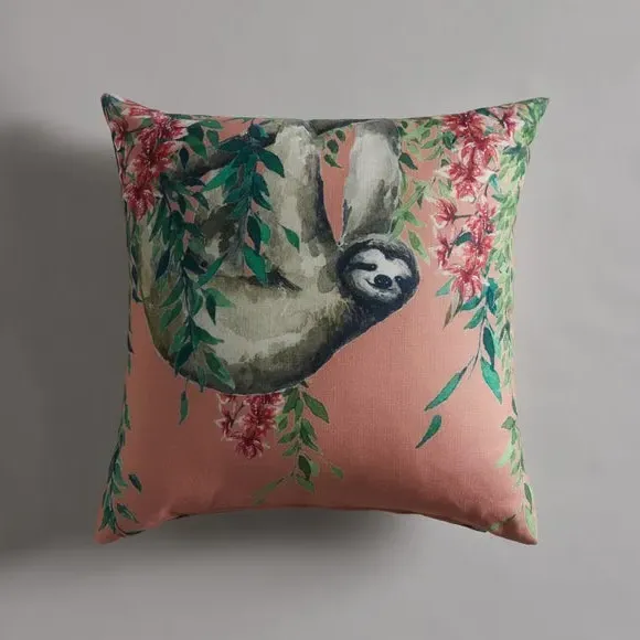 Square Cushion with Sloth Print - Multicolor