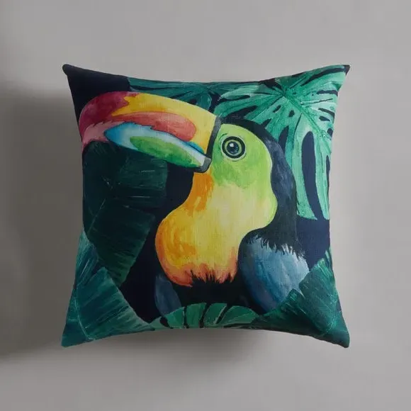 Square Cushion with Toucan Print - Multicolor