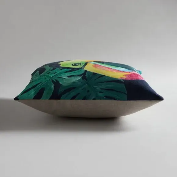Square Cushion with Toucan Print - Multicolor