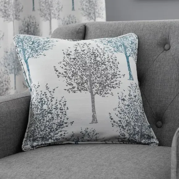 Square Cushion with Tree Design - Teal, Jacquard