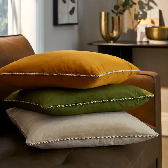 Square Cushion with Twisted Trim - Natural, Velour