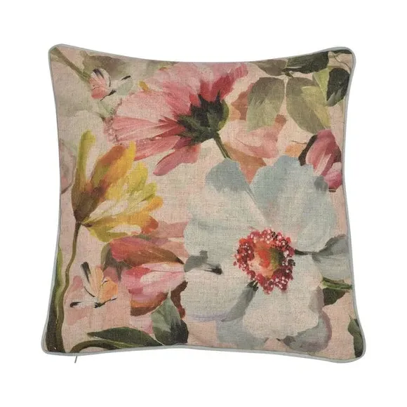 Square Filled Cushion Floral Design - Blue, Linen