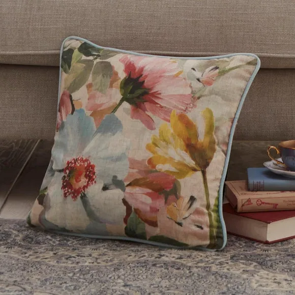Square Filled Cushion Floral Design - Blue, Linen