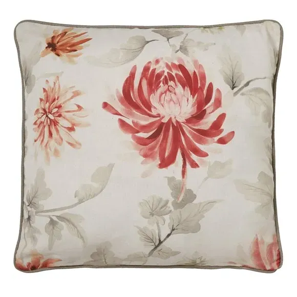 Square Filled Cushion with Floral Design - Red, Cotton