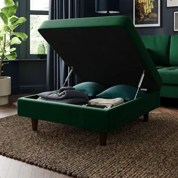 Square Footstool with Storage - Green, Velvet