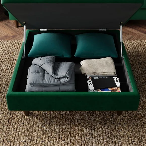 Square Footstool with Storage - Green, Velvet