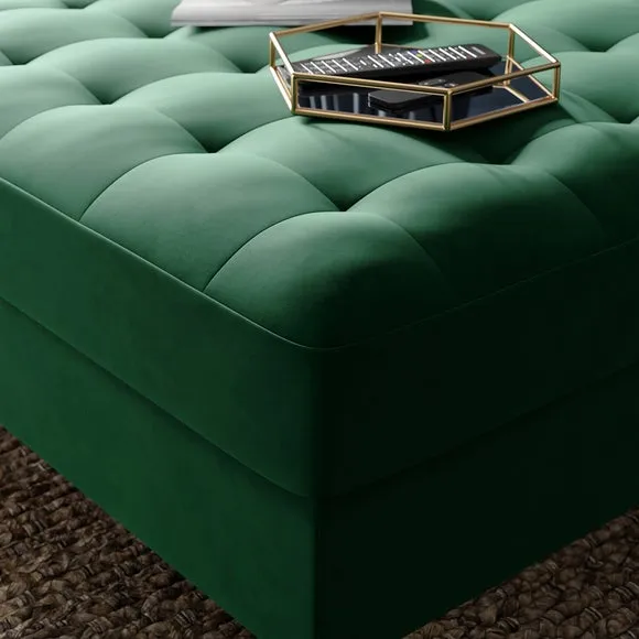 Square Footstool with Storage - Green, Velvet