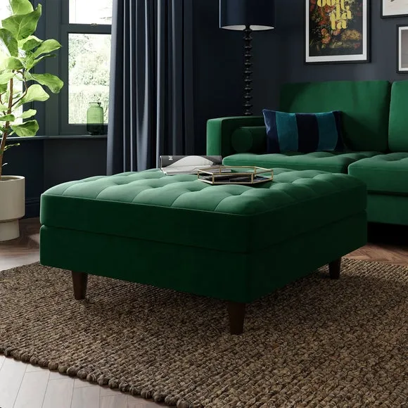 Square Footstool with Storage - Green, Velvet image