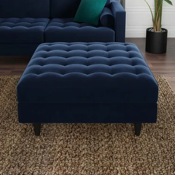 Square Footstool with Storage - Navy, Velvet