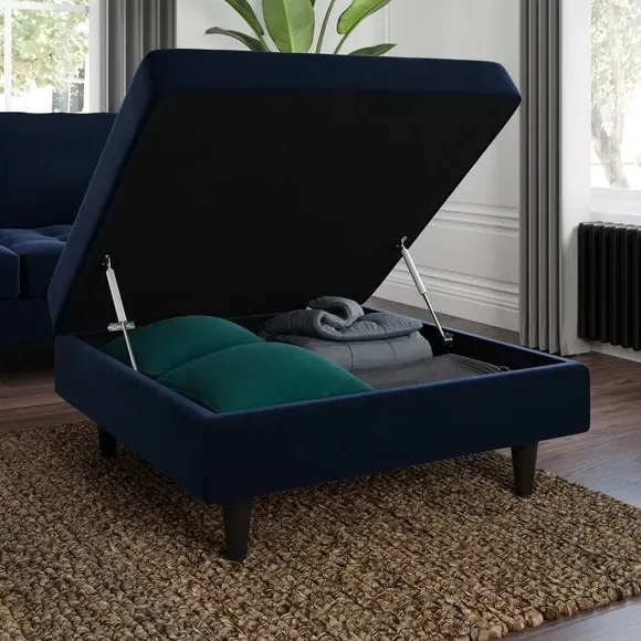 Square Footstool with Storage - Navy, Velvet