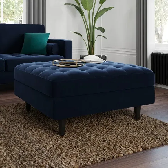 Square Footstool with Storage - Navy, Velvet