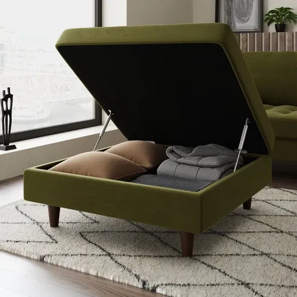 Square Footstool with Storage - Olive, Velvet