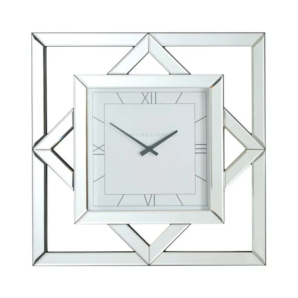 Square Mirrored Wall Clock - Silver, Glass