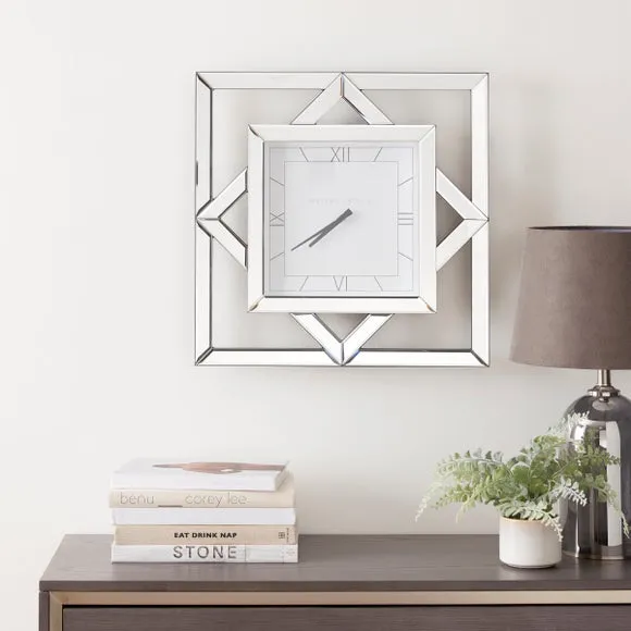 Square Mirrored Wall Clock - Silver, Glass image