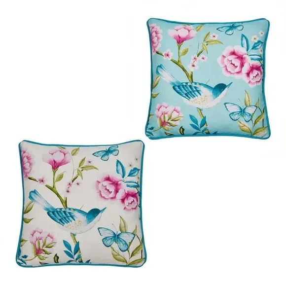 Square Outdoor Cushion with Bird Print - Blue