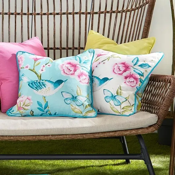 Square Outdoor Cushion with Bird Print - Blue image