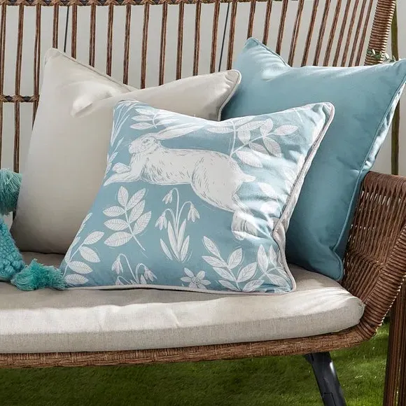 Square Outdoor Cushion with Rabbit Print - Duck Egg image