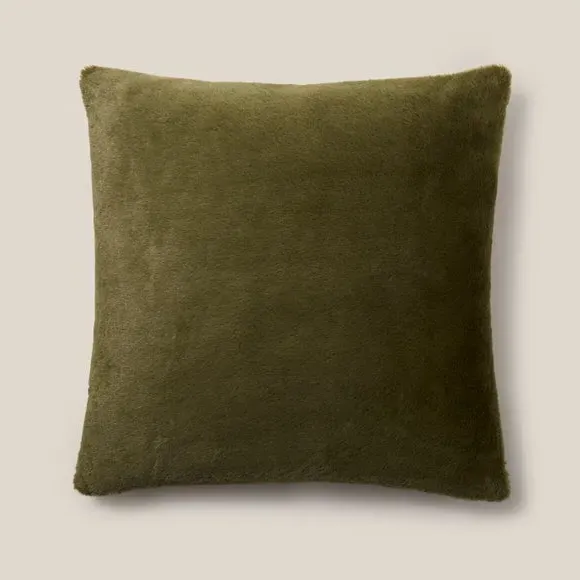 Square Plush Cushion with Zip - Olive, Faux Fur