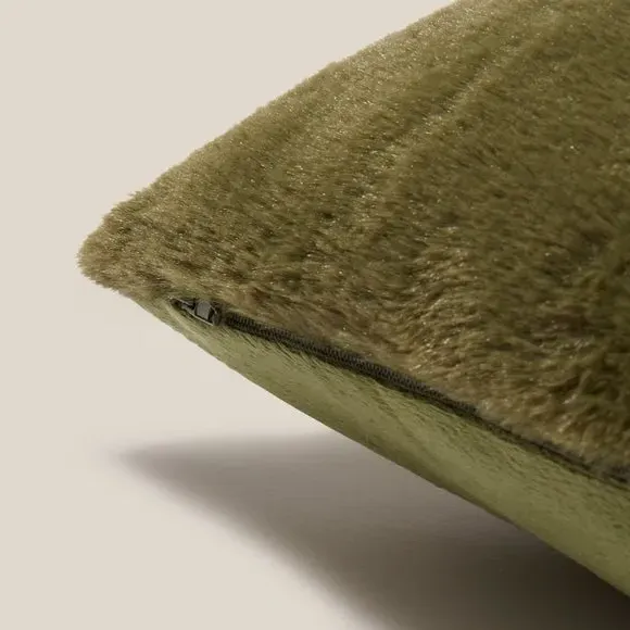 Square Plush Cushion with Zip - Olive, Faux Fur