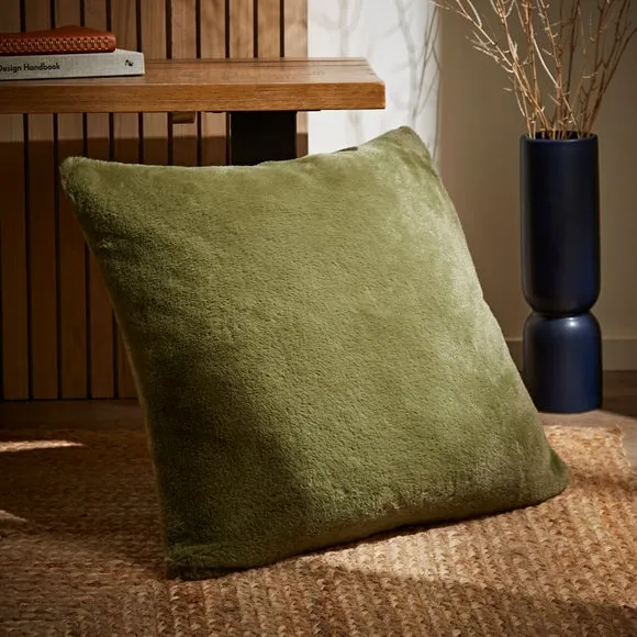 Square Plush Cushion with Zip - Olive, Faux Fur