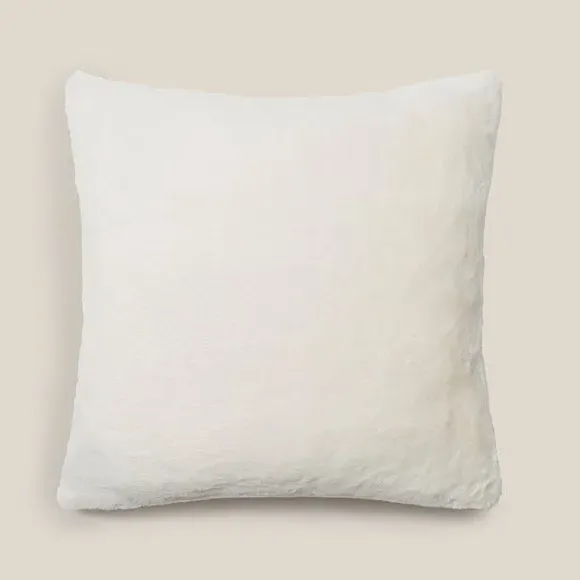 Square Plush Cushion with Zip - White, Faux Fur