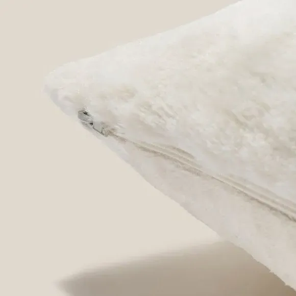 Square Plush Cushion with Zip - White, Faux Fur
