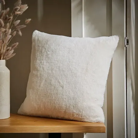 Square Plush Cushion with Zip - White, Faux Fur