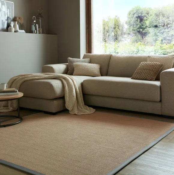 Square Rug with Herringbone Border - Grey, Jute