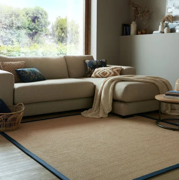 Square Rug with Herringbone Border - Navy, Jute