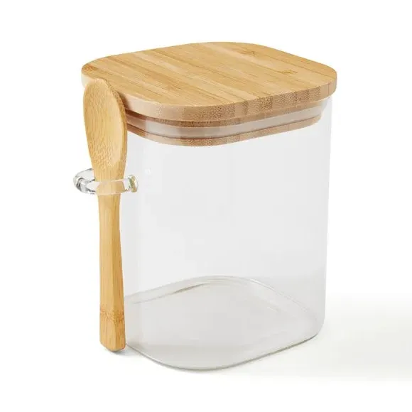 Square Storage Jar with Spoon - Clear, Glass