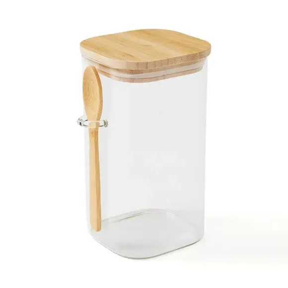 Square Storage Jar with Spoon - Clear, Glass