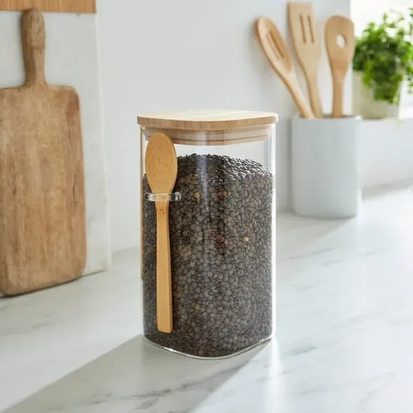 Square Storage Jar with Spoon - Clear, Glass
