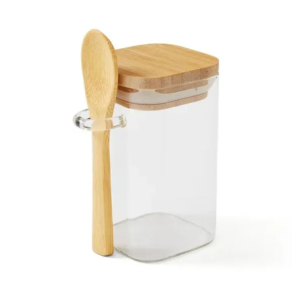 Square Storage Jar with Spoon - Clear, Glass