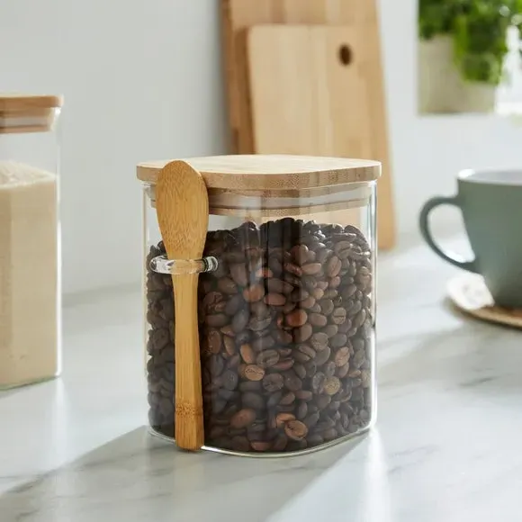 Square Storage Jar with Spoon - Clear, Glass