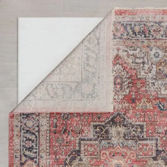 Square Traditional Rug with Fringe - Red, Polyester