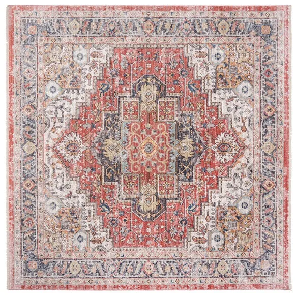 Square Traditional Rug with Fringe - Red, Polyester