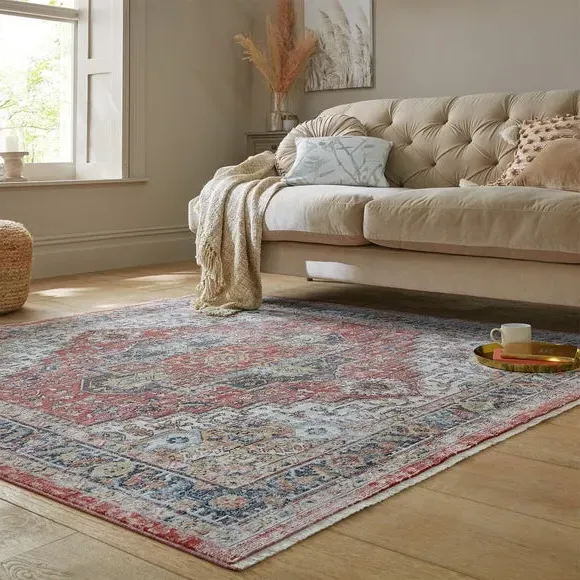 Square Traditional Rug with Fringe - Red, Polyester image