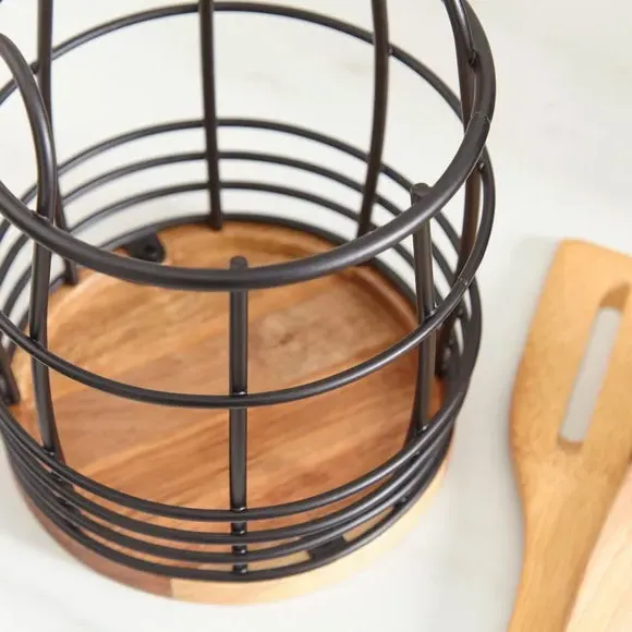 Square Utensil Pot - Black, Acacia Wood