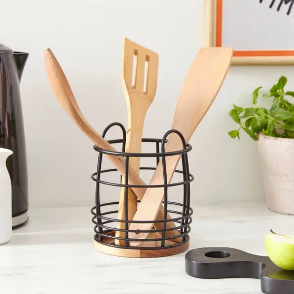 Square Utensil Pot - Black, Acacia Wood image