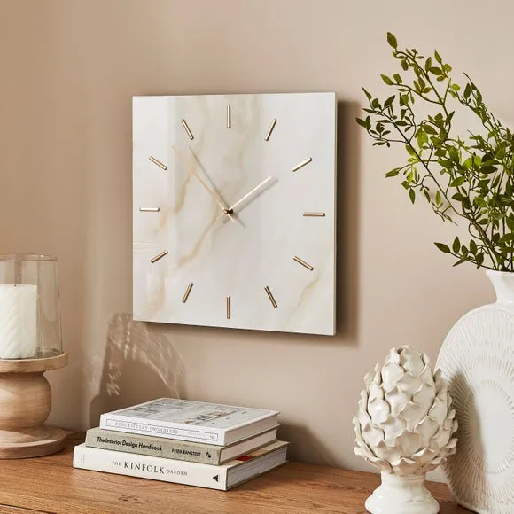 Square Wall Clock - Cream, Marble Effect
